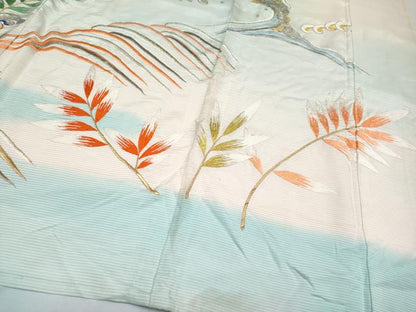 平和屋本店■極上　夏物　アンティーク　大正ロマン　振袖　絽　総刺繍　尾長鳥　暈し染め　金銀糸　白地　逸品　CYAA2170s5