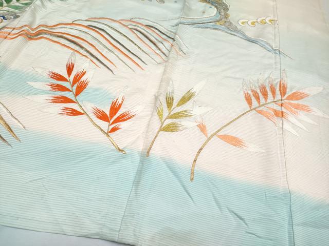 平和屋本店■極上　夏物　アンティーク　大正ロマン　振袖　絽　総刺繍　尾長鳥　暈し染め　金銀糸　白地　逸品　CYAA2170s5