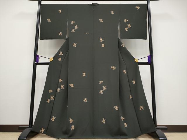 平和屋本店●極上 越後染印傳 根津青宗 小紋 更紗唐草文 黒地 証紙付き 逸品 CYAA2179s5