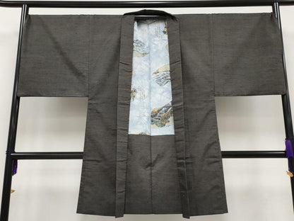 平和屋本店●極上 男性 紬 アンサンブル 色無地 黒橡色地 逸品 CYAA2185s5