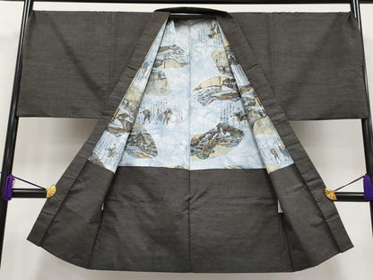 平和屋本店●極上 男性 紬 アンサンブル 色無地 黒橡色地 逸品 CYAA2185s5
