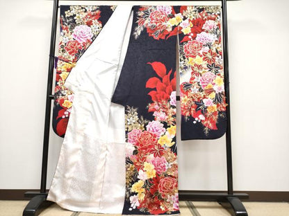 平和屋本店■極上　華道家　假屋崎省吾プロデュース　きものの世界　振袖　刺繍　草花文　暈し染め　金銀彩　濃紺地　逸品　CYAA2200s5