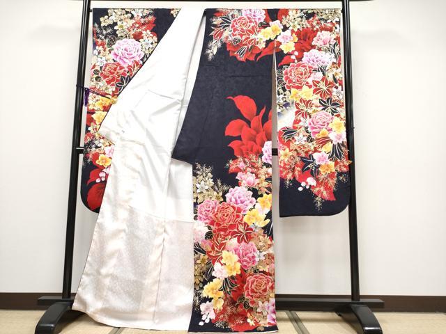 平和屋本店■極上　華道家　假屋崎省吾プロデュース　きものの世界　振袖　刺繍　草花文　暈し染め　金銀彩　濃紺地　逸品　CYAA2200s5