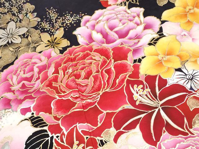 平和屋本店■極上　華道家　假屋崎省吾プロデュース　きものの世界　振袖　刺繍　草花文　暈し染め　金銀彩　濃紺地　逸品　CYAA2200s5