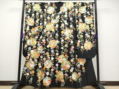 平和屋本店■極上　振袖　駒刺繍　花丸文　黒地　金彩　逸品　CYAA2211s5