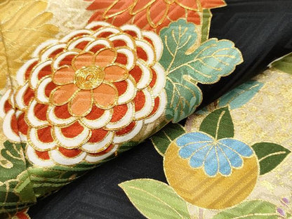 平和屋本店■極上　振袖　駒刺繍　花丸文　黒地　金彩　逸品　CYAA2211s5