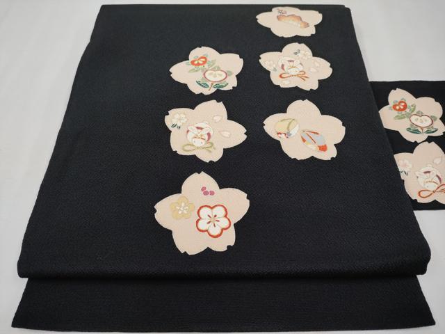 平和屋本店●極上 九寸名古屋帯 友禅 兎 桜花文 黒地 金彩 逸品 未使用 CYAA2238s5