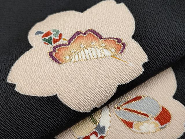 平和屋本店●極上 九寸名古屋帯 友禅 兎 桜花文 黒地 金彩 逸品 未使用 CYAA2238s5