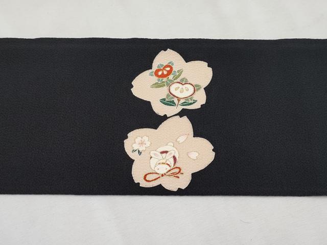 平和屋本店●極上 九寸名古屋帯 友禅 兎 桜花文 黒地 金彩 逸品 未使用 CYAA2238s5