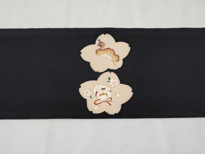 平和屋本店●極上 九寸名古屋帯 友禅 兎 桜花文 黒地 金彩 逸品 未使用 CYAA2238s5