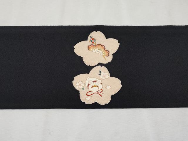 平和屋本店●極上 九寸名古屋帯 友禅 兎 桜花文 黒地 金彩 逸品 未使用 CYAA2238s5