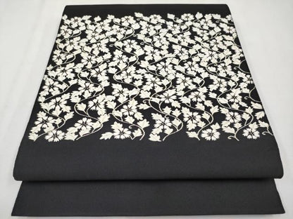 平和屋本店●極上 西陣 河村織物 河村つづれ 手織 八寸名古屋帯 花唐草文 黒地 銀糸 逸品 CYAA2244s5