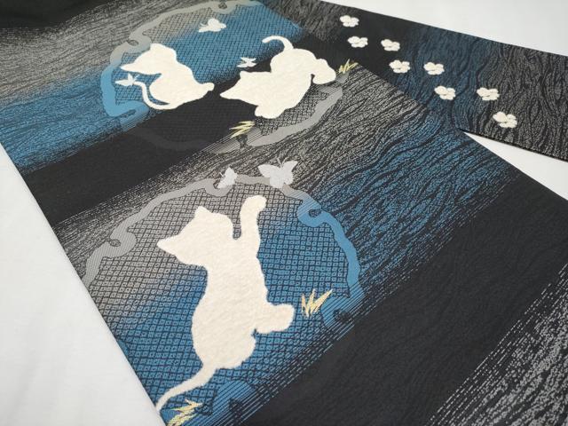 平和屋本店■極上 西陣 五十嵐織物 一刀彫 彫匠 三代目五十嵐光蔵 九寸名古屋帯 モール 猫 雪輪舞蝶文 黒地 金銀糸 逸品 未使用 CYAA2270s5