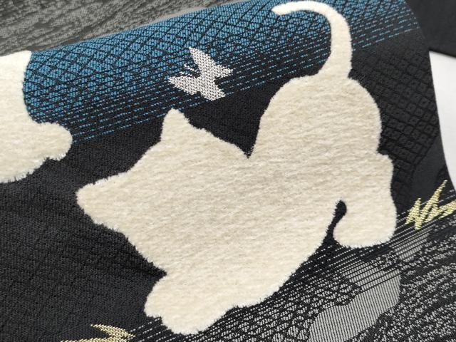 平和屋本店■極上 西陣 五十嵐織物 一刀彫 彫匠 三代目五十嵐光蔵 九寸名古屋帯 モール 猫 雪輪舞蝶文 黒地 金銀糸 逸品 未使用 CYAA2270s5