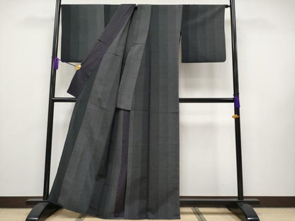 平和屋本店▽極上 本塩沢 単衣 110亀甲 間道 黒地 逸品 CYAA2277s5