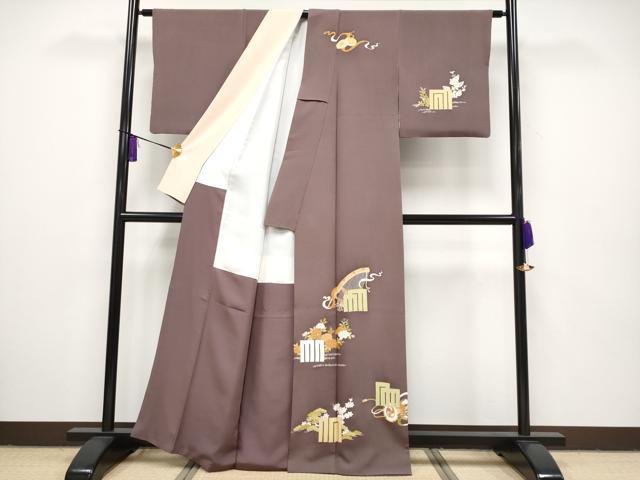 平和屋本店■極上　銀座　志ま亀　訪問着　源氏香散らし　金彩　煤竹色地　たとう紙付き　逸品　CYAA2304s5