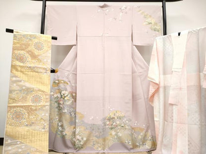 平和屋本店■極上　訪問着・長襦袢・袋帯セット　作家物　駒刺繍　地紙飛鶴草花文　金彩　薄柿色　逸品　未使用　CYAA2320s5