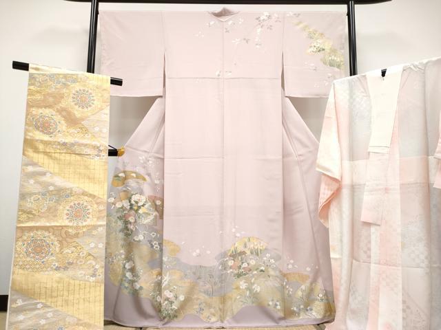 平和屋本店■極上　訪問着・長襦袢・袋帯セット　作家物　駒刺繍　地紙飛鶴草花文　金彩　薄柿色　逸品　未使用　CYAA2320s5