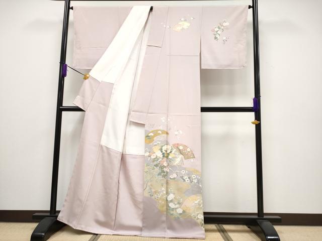 平和屋本店■極上　訪問着・長襦袢・袋帯セット　作家物　駒刺繍　地紙飛鶴草花文　金彩　薄柿色　逸品　未使用　CYAA2320s5