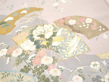 平和屋本店■極上　訪問着・長襦袢・袋帯セット　作家物　駒刺繍　地紙飛鶴草花文　金彩　薄柿色　逸品　未使用　CYAA2320s5