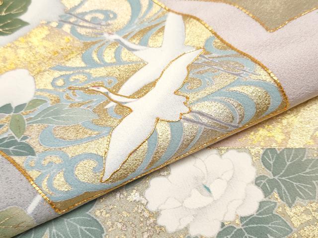平和屋本店■極上　訪問着・長襦袢・袋帯セット　作家物　駒刺繍　地紙飛鶴草花文　金彩　薄柿色　逸品　未使用　CYAA2320s5