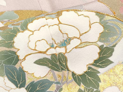 平和屋本店■極上　訪問着・長襦袢・袋帯セット　作家物　駒刺繍　地紙飛鶴草花文　金彩　薄柿色　逸品　未使用　CYAA2320s5
