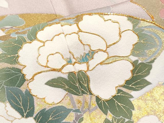 平和屋本店■極上　訪問着・長襦袢・袋帯セット　作家物　駒刺繍　地紙飛鶴草花文　金彩　薄柿色　逸品　未使用　CYAA2320s5