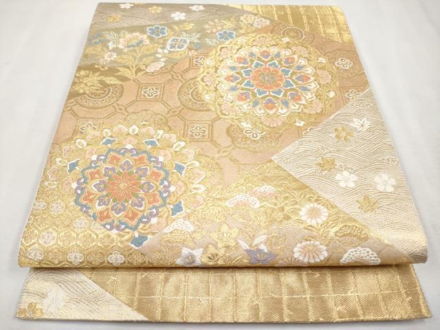 平和屋本店■極上　訪問着・長襦袢・袋帯セット　作家物　駒刺繍　地紙飛鶴草花文　金彩　薄柿色　逸品　未使用　CYAA2320s5