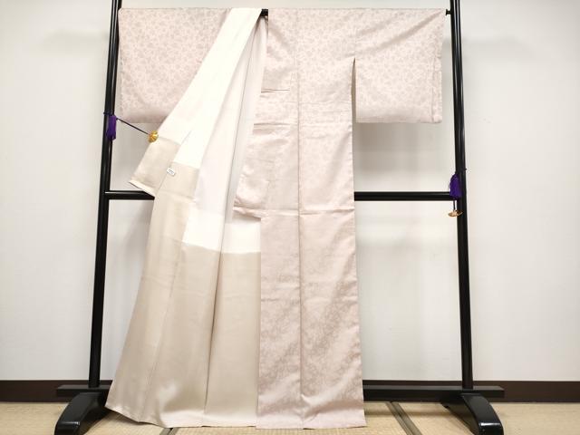 平和屋本店●極上 児島廣和 アトリエ 聖jin苑 お召 色無地 葡萄蔦の葉地紋 灰桜色地 逸品 CYAA2333s5