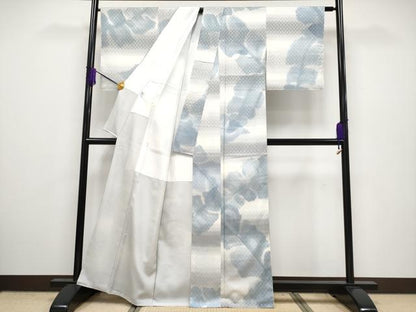 平和屋本店■極上　手描友禅女流作家　一色生子　紬　花織　枝葉文　逸品　未使用　CYAA2338s5