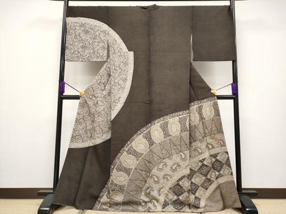 平和屋本店●極上 伝統工芸士 京友禅染色作家 田家鬼彩 訪問着 ろうけつ染め 花唐草文 赤墨色地 逸品 CYAA2351s5