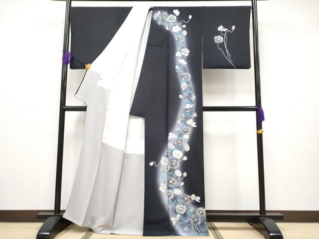 平和屋本店●極上 東京友禅 菅有鬼一 訪問着 枝花文 暈し染め 金銀彩 健勝苑扱い 青褐色地 逸品 CYAA2352s5