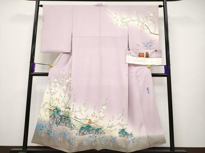 平和屋本店■極上　本加賀友禅作家　百貫華峰　訪問着　花鳥文　暈し染め　撫子色地　反端付き　逸品　CYAA2371s5