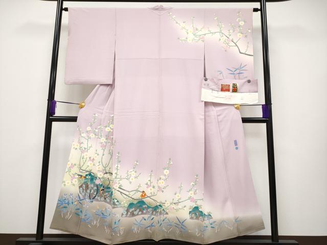 平和屋本店■極上　本加賀友禅作家　百貫華峰　訪問着　花鳥文　暈し染め　撫子色地　反端付き　逸品　CYAA2371s5
