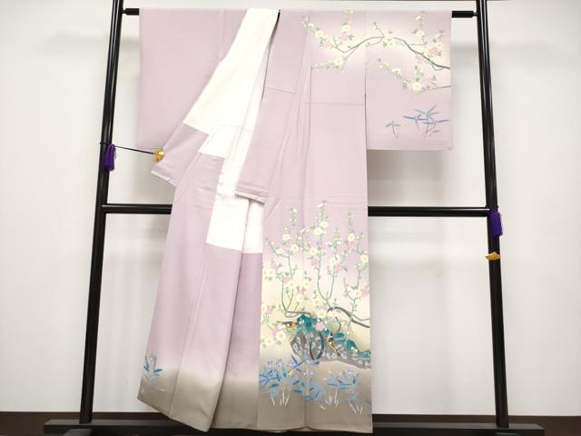 平和屋本店■極上　本加賀友禅作家　百貫華峰　訪問着　花鳥文　暈し染め　撫子色地　反端付き　逸品　CYAA2371s5