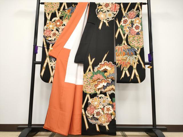 平和屋本店■希少　浦野理一　金彩友禅　振袖　松竹梅花丸文　黒地　金彩　鬼しぼ縮緬　逸品　CYAA2374s5