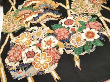 平和屋本店■希少　浦野理一　金彩友禅　振袖　松竹梅花丸文　黒地　金彩　鬼しぼ縮緬　逸品　CYAA2374s5