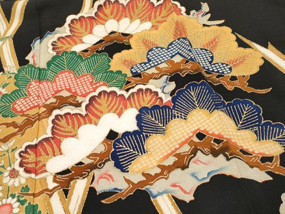 平和屋本店■希少　浦野理一　金彩友禅　振袖　松竹梅花丸文　黒地　金彩　鬼しぼ縮緬　逸品　CYAA2374s5