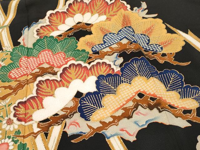平和屋本店■希少　浦野理一　金彩友禅　振袖　松竹梅花丸文　黒地　金彩　鬼しぼ縮緬　逸品　CYAA2374s5