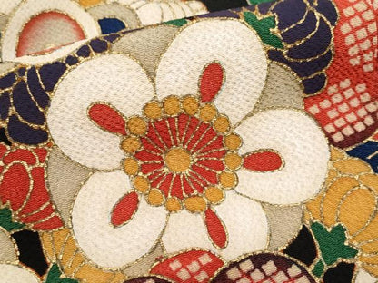 平和屋本店■希少　浦野理一　金彩友禅　振袖　松竹梅花丸文　黒地　金彩　鬼しぼ縮緬　逸品　CYAA2374s5