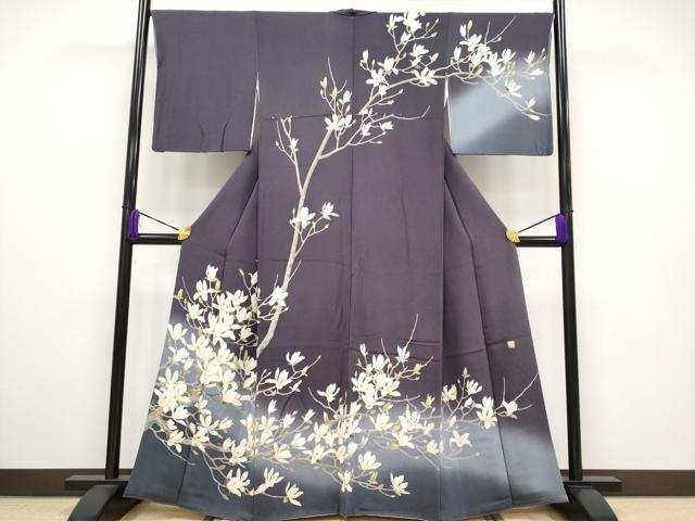 平和屋本店■極上　名門染元　秀美　十日町友禅　訪問着　木蓮　暈し染め　鬼しぼ縮緬　深紫色地　逸品　CYAA2418s5