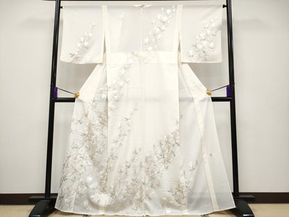 平和屋本店＊極上　夏物　訪問着　絽　作家物　総刺繍　枝花文　銀糸　練色地　逸品　CYAA2426s5