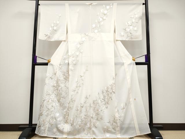 平和屋本店＊極上　夏物　訪問着　絽　作家物　総刺繍　枝花文　銀糸　練色地　逸品　CYAA2426s5