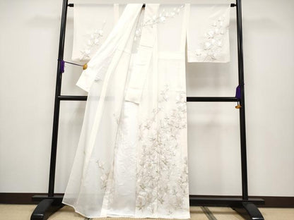 平和屋本店＊極上　夏物　訪問着　絽　作家物　総刺繍　枝花文　銀糸　練色地　逸品　CYAA2426s5