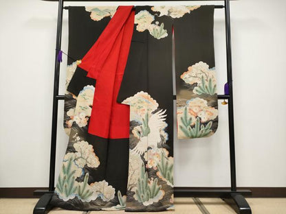 平和屋本店■極上　アンティーク　大正ロマン　振袖　飛鶴雲取草花文　黒地　金彩　逸品　CYAA2432s5