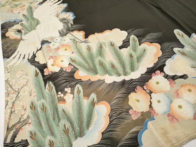 平和屋本店■極上　アンティーク　大正ロマン　振袖　飛鶴雲取草花文　黒地　金彩　逸品　CYAA2432s5