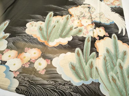 平和屋本店■極上　アンティーク　大正ロマン　振袖　飛鶴雲取草花文　黒地　金彩　逸品　CYAA2432s5