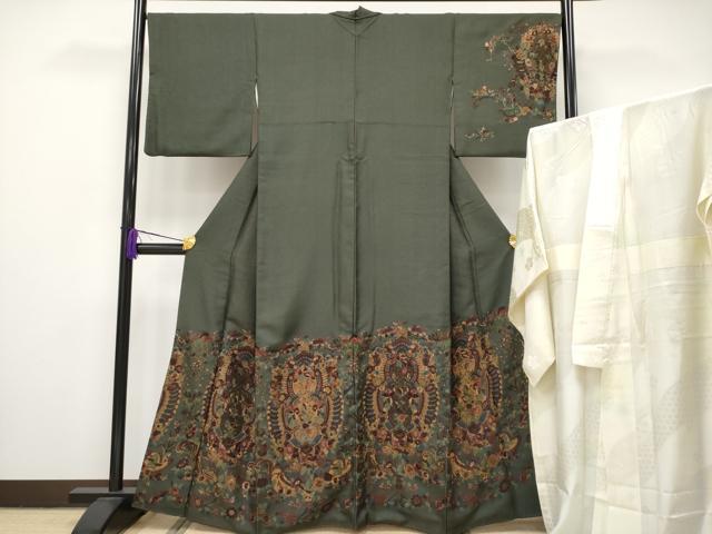 平和屋本店■極上　中国三大刺繍　スワトウ刺繍　総刺繍　訪問着・長襦袢セット　花唐草文　金糸　千歳茶色地　逸品　CYAA2452s5