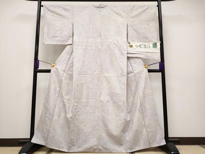 平和屋本店■極上　結城紬　総刺繍　刺し子　背抜き仕立て　切嵌吉祥花唐草文　鴇鼠色地　証紙付き　逸品　未使用　CYAA2457s5