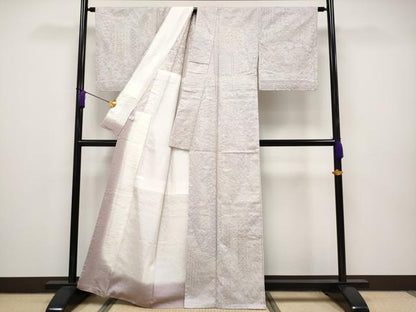 平和屋本店■極上　結城紬　総刺繍　刺し子　背抜き仕立て　切嵌吉祥花唐草文　鴇鼠色地　証紙付き　逸品　未使用　CYAA2457s5